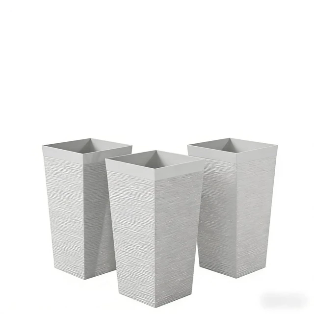 Alt view image 3 of 7 - Hassyee 3 Pieces Stackable Tapered Planters Set with Stone-Look Design and 4 Wheels for Growing Flowers, Plants, Plastic Flower Pots with Drainage Holes for Backyard, Lawn (White)
