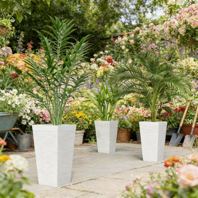 Main image of Hassyee 3 Pieces Stackable Tapered Planters Set with Stone-Look Design and 4 Wheels for Growing Flowers, Plants, Plastic Flower Pots with Drainage Holes for Backyard, Lawn (White)