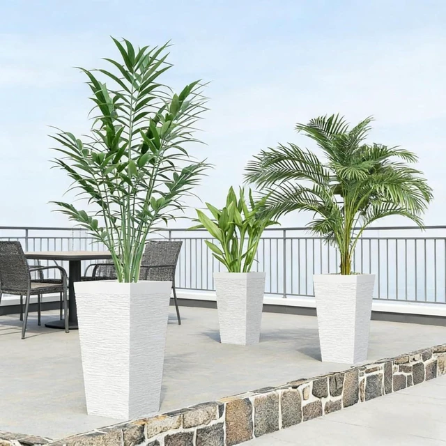 Alt view image 2 of 7 - Hassyee 3 Pieces Stackable Tapered Planters Set with Stone-Look Design and 4 Wheels for Growing Flowers, Plants, Plastic Flower Pots with Drainage Holes for Backyard, Lawn (White)