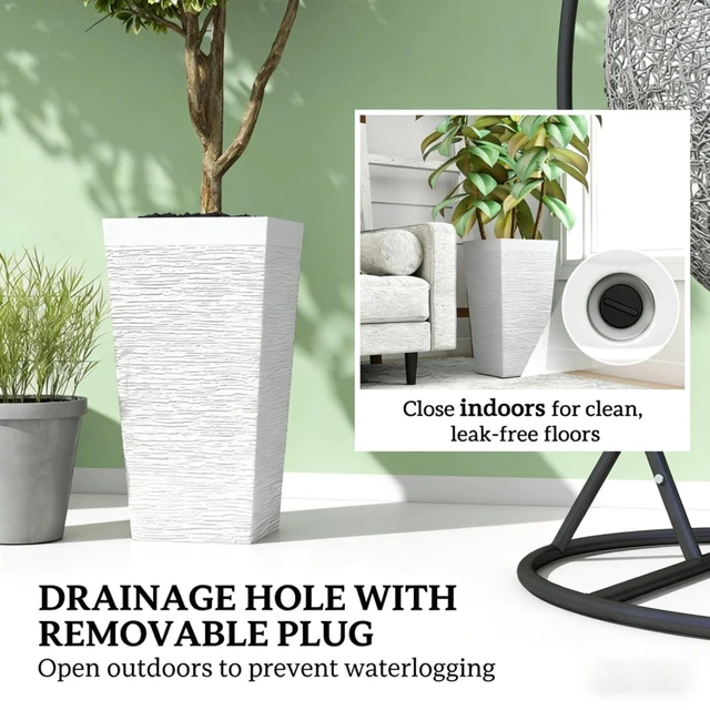 Alt view image 4 of 7 - Hassyee 3 Pieces Stackable Tapered Planters Set with Stone-Look Design and 4 Wheels for Growing Flowers, Plants, Plastic Flower Pots with Drainage Holes for Backyard, Lawn (White)