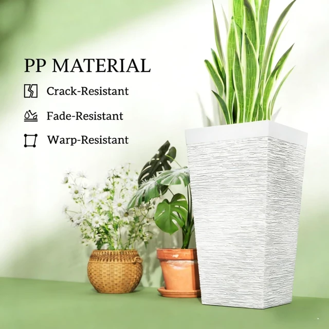 Alt view image 5 of 7 - Hassyee 3 Pieces Stackable Tapered Planters Set with Stone-Look Design and 4 Wheels for Growing Flowers, Plants, Plastic Flower Pots with Drainage Holes for Backyard, Lawn (White)