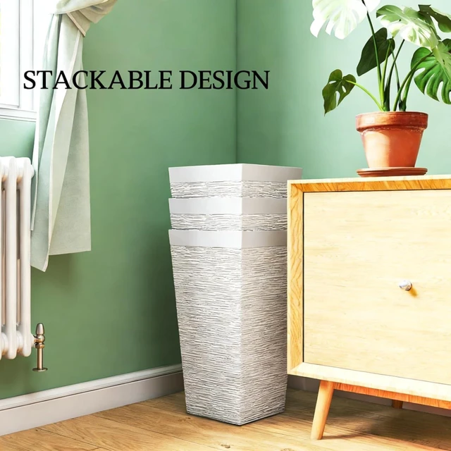 Alt view image 6 of 7 - Hassyee 3 Pieces Stackable Tapered Planters Set with Stone-Look Design and 4 Wheels for Growing Flowers, Plants, Plastic Flower Pots with Drainage Holes for Backyard, Lawn (White)