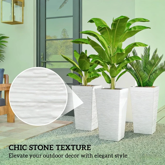 Alt view image 7 of 7 - Hassyee 3 Pieces Stackable Tapered Planters Set with Stone-Look Design and 4 Wheels for Growing Flowers, Plants, Plastic Flower Pots with Drainage Holes for Backyard, Lawn (White)