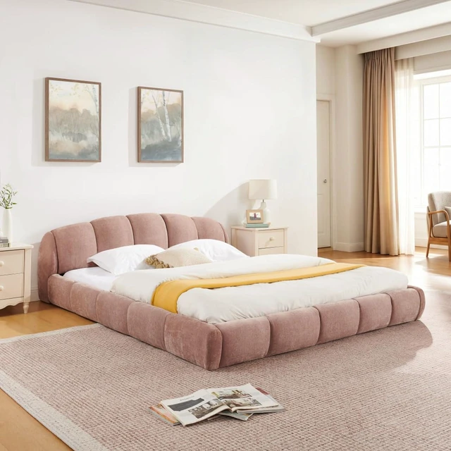 Main image of Hassyee King/Queen Size Upholstered Platform Bed Frame with Thick Curved Headboard & Wrapped Footboard, Panel Bedframe Mattress Base with Slats Support for Bedroom Guest Room Apartment (Pink + Queen)