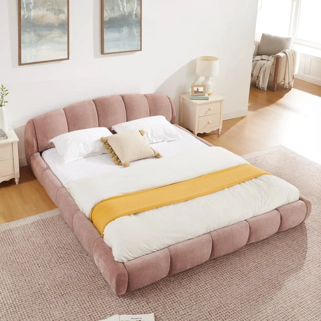 Alt view image 2 of 7 - Hassyee King/Queen Size Upholstered Platform Bed Frame with Thick Curved Headboard & Wrapped Footboard, Panel Bedframe Mattress Base with Slats Support for Bedroom Guest Room Apartment (Pink + Queen)