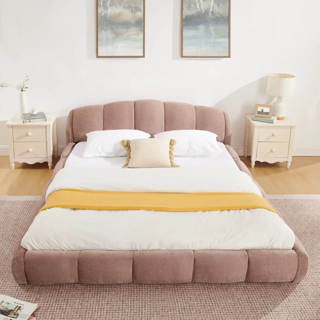 Alt view image 3 of 7 - Hassyee King/Queen Size Upholstered Platform Bed Frame with Thick Curved Headboard & Wrapped Footboard, Panel Bedframe Mattress Base with Slats Support for Bedroom Guest Room Apartment (Pink + Queen)