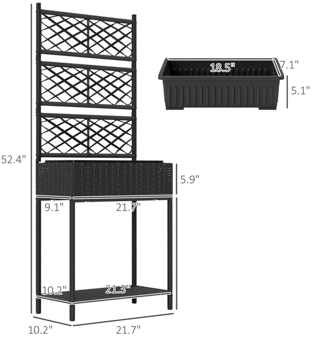 Alt view image 2 of 6 - Hassyee Outdoor Rattan Raised Garden Bed with Bottom Storage Shelf and Trellis for Vegetables, Plants, Flowers, Planter Box with Steel Frame and Legs for Backyard, Lawn, Poolside (Black)
