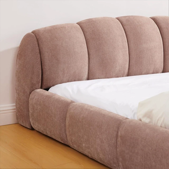 Alt view image 4 of 7 - Hassyee King/Queen Size Upholstered Platform Bed Frame with Thick Curved Headboard & Wrapped Footboard, Panel Bedframe Mattress Base with Slats Support for Bedroom Guest Room Apartment (Pink + Queen)