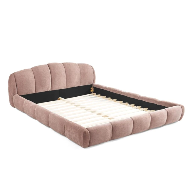 Alt view image 7 of 7 - Hassyee King/Queen Size Upholstered Platform Bed Frame with Thick Curved Headboard & Wrapped Footboard, Panel Bedframe Mattress Base with Slats Support for Bedroom Guest Room Apartment (Pink + Queen)