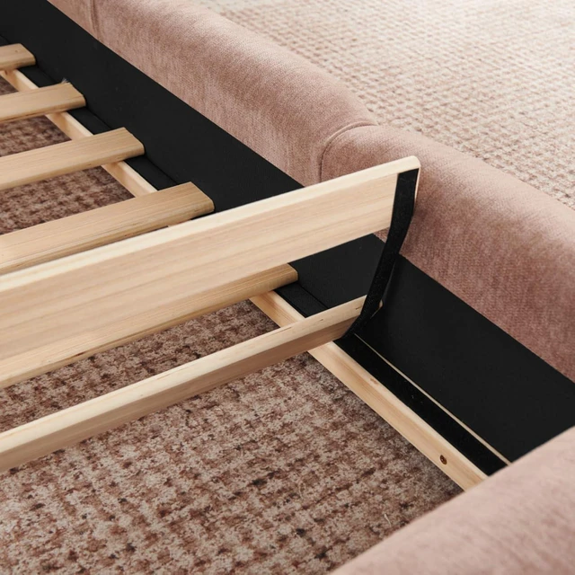 Alt view image 6 of 7 - Hassyee King/Queen Size Upholstered Platform Bed Frame with Thick Curved Headboard & Wrapped Footboard, Panel Bedframe Mattress Base with Slats Support for Bedroom Guest Room Apartment (Pink + Queen)