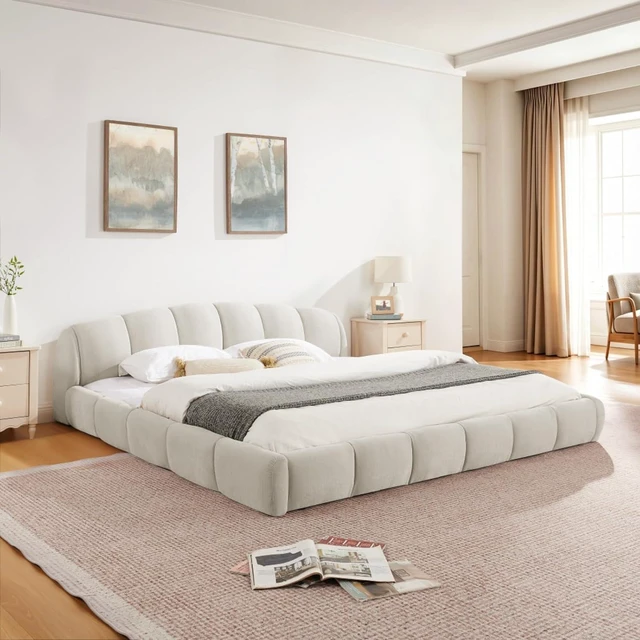 Main image of Hassyee King/Queen Size Upholstered Platform Bed Frame with Thick Curved Headboard & Wrapped Footboard, Panel Bedframe Mattress Base with Slats Support for Bedroom Guest Room Apartment (Beige + King)