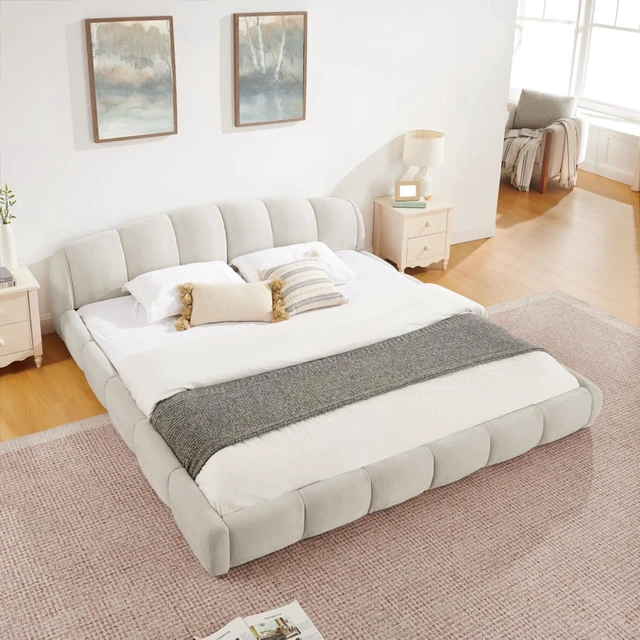 Alt view image 2 of 7 - Hassyee King/Queen Size Upholstered Platform Bed Frame with Thick Curved Headboard & Wrapped Footboard, Panel Bedframe Mattress Base with Slats Support for Bedroom Guest Room Apartment (Beige + King)
