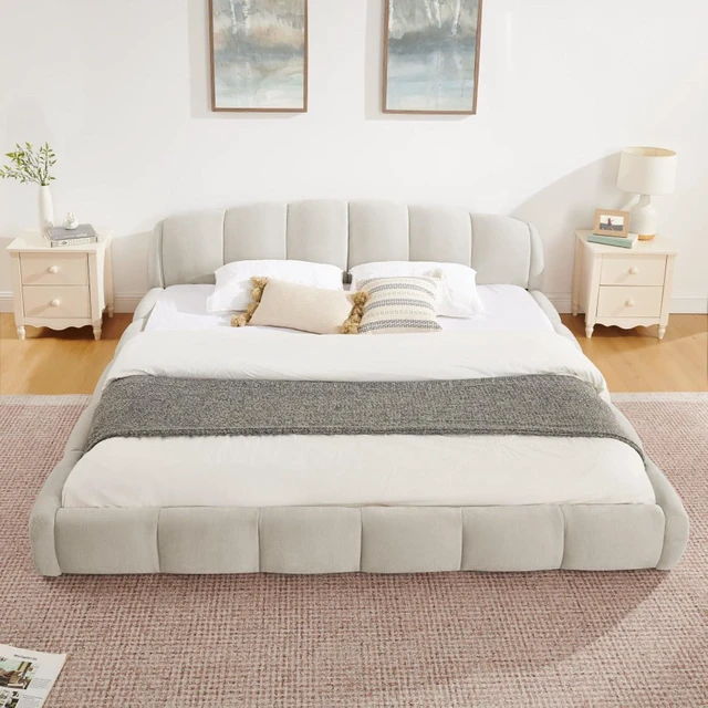 Alt view image 3 of 7 - Hassyee King/Queen Size Upholstered Platform Bed Frame with Thick Curved Headboard & Wrapped Footboard, Panel Bedframe Mattress Base with Slats Support for Bedroom Guest Room Apartment (Beige + King)