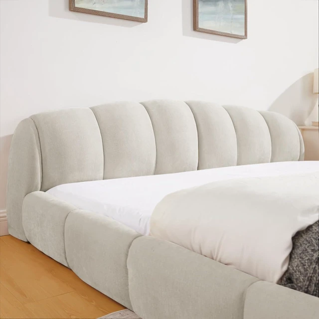 Alt view image 4 of 7 - Hassyee King/Queen Size Upholstered Platform Bed Frame with Thick Curved Headboard & Wrapped Footboard, Panel Bedframe Mattress Base with Slats Support for Bedroom Guest Room Apartment (Beige + King)