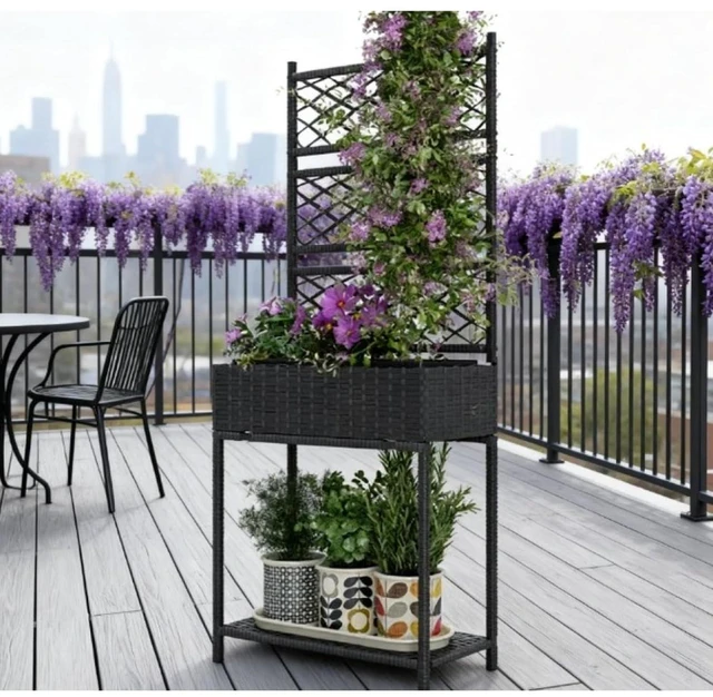 Alt view image 6 of 6 - Hassyee Outdoor Rattan Raised Garden Bed with Bottom Storage Shelf and Trellis for Vegetables, Plants, Flowers, Planter Box with Steel Frame and Legs for Backyard, Lawn, Poolside (Black)
