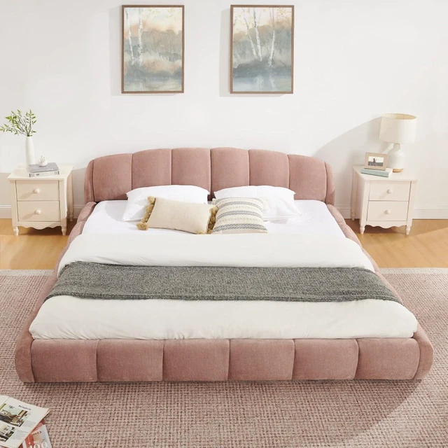 Alt view image 3 of 7 - Hassyee King/Queen Size Upholstered Platform Bed Frame with Thick Curved Headboard & Wrapped Footboard, Panel Bedframe Mattress Base with Slats Support for Bedroom Guest Room Apartment (Pink + King)