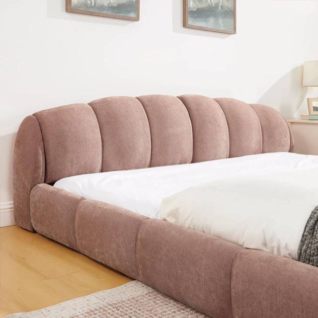 Alt view image 4 of 7 - Hassyee King/Queen Size Upholstered Platform Bed Frame with Thick Curved Headboard & Wrapped Footboard, Panel Bedframe Mattress Base with Slats Support for Bedroom Guest Room Apartment (Pink + King)