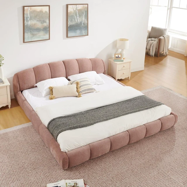 Alt view image 2 of 7 - Hassyee King/Queen Size Upholstered Platform Bed Frame with Thick Curved Headboard & Wrapped Footboard, Panel Bedframe Mattress Base with Slats Support for Bedroom Guest Room Apartment (Pink + King)