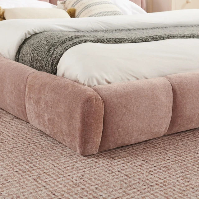 Alt view image 5 of 7 - Hassyee King/Queen Size Upholstered Platform Bed Frame with Thick Curved Headboard & Wrapped Footboard, Panel Bedframe Mattress Base with Slats Support for Bedroom Guest Room Apartment (Pink + King)