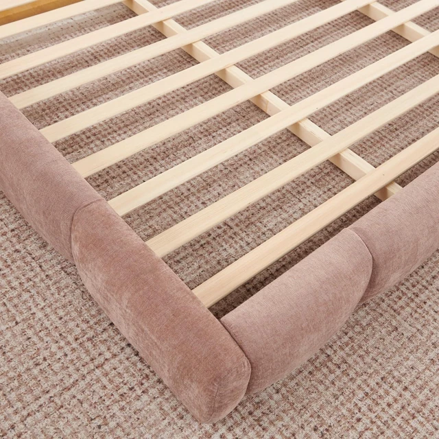 Alt view image 6 of 7 - Hassyee King/Queen Size Upholstered Platform Bed Frame with Thick Curved Headboard & Wrapped Footboard, Panel Bedframe Mattress Base with Slats Support for Bedroom Guest Room Apartment (Pink + King)