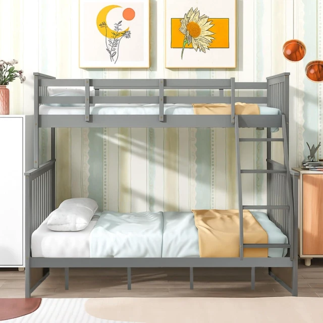 Alt view image 2 of 7 - Hassyee Twin Over Full Bunk Bed with 2 Storage Drawers, Wooden Dorm Bed with Ladder and Safety Guard Rails for Teen Bedroom Guest Room Small Apartment, No Box Spring Needed (Gray Twin Over Full)