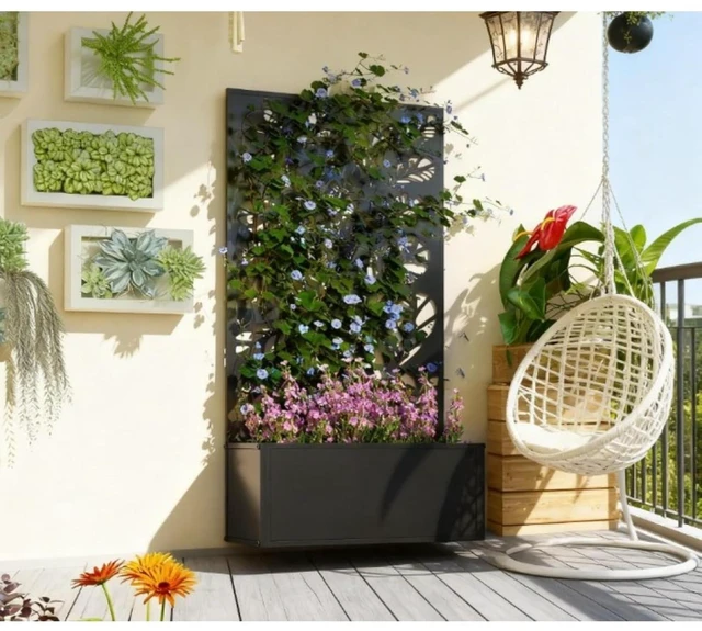 Main image of Hassyee Metal Raised Bed with Trellis and Built-in Drainage Slits for Garden, Backyard, Outdoor Planter Box with Elegant Twig and Leaf Cut-Outs Design for Growing Flowers, Plants