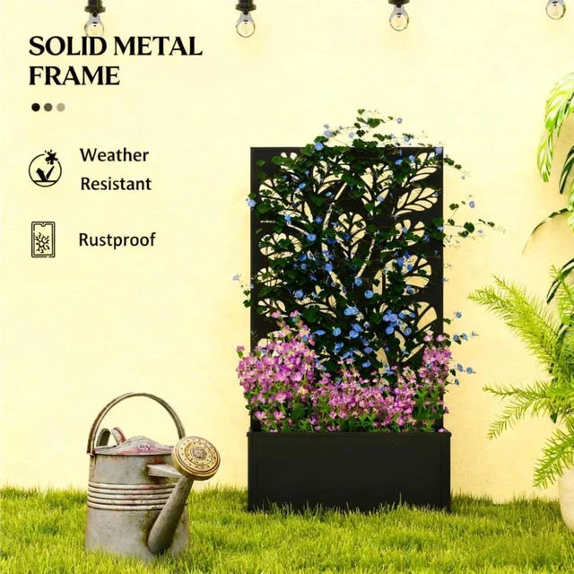 Alt view image 4 of 7 - Hassyee Metal Raised Bed with Trellis and Built-in Drainage Slits for Garden, Backyard, Outdoor Planter Box with Elegant Twig and Leaf Cut-Outs Design for Growing Flowers, Plants
