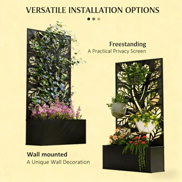 Alt view image 5 of 7 - Hassyee Metal Raised Bed with Trellis and Built-in Drainage Slits for Garden, Backyard, Outdoor Planter Box with Elegant Twig and Leaf Cut-Outs Design for Growing Flowers, Plants