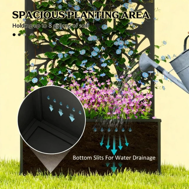 Alt view image 6 of 7 - Hassyee Metal Raised Bed with Trellis and Built-in Drainage Slits for Garden, Backyard, Outdoor Planter Box with Elegant Twig and Leaf Cut-Outs Design for Growing Flowers, Plants