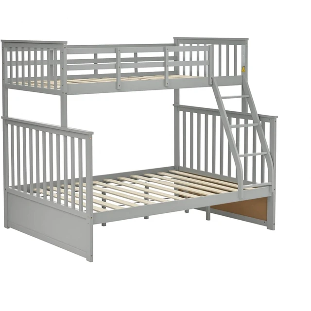 Alt view image 3 of 7 - Hassyee Twin Over Full Bunk Bed with 2 Storage Drawers, Wooden Dorm Bed with Ladder and Safety Guard Rails for Teen Bedroom Guest Room Small Apartment, No Box Spring Needed (Gray Twin Over Full)
