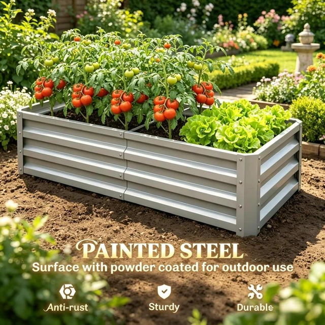 Alt view image 5 of 7 - Hassyee Galvanized Raised Garden Bed with Open Bottom Design and Steel Frame for Growing Herbs & Succulents, Outdoor Planter Box with Ample Growing Space for Backyard, Lawn