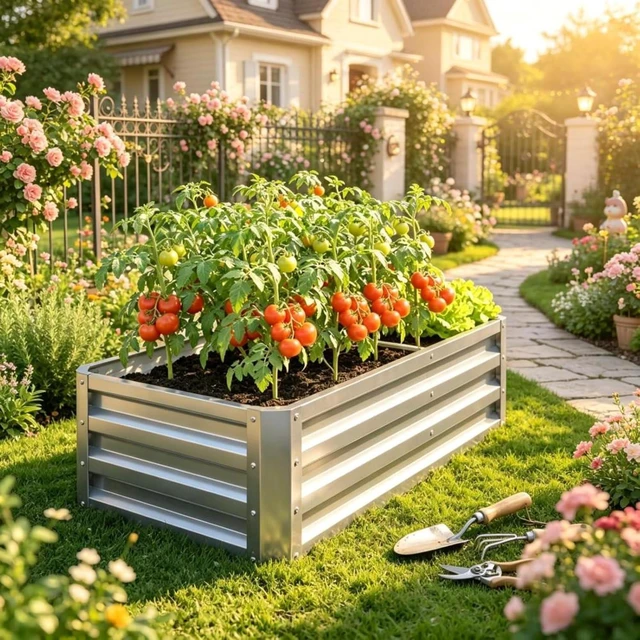 Alt view image 6 of 7 - Hassyee Galvanized Raised Garden Bed with Open Bottom Design and Steel Frame for Growing Herbs & Succulents, Outdoor Planter Box with Ample Growing Space for Backyard, Lawn