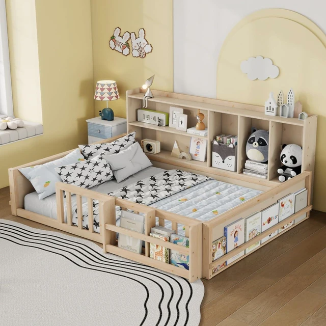 Main image of Twin/Full Size Wooden Floor Bed with Guardrail Fence, Side Storage Shelves & Bookcase, Montessori Bed with Slat Support for Boys Girls Bedroom Guest Playroom, No Box Spring Needed (Full+Natural)
