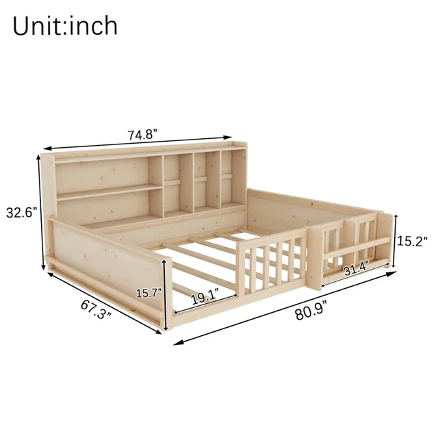 Alt view image 2 of 7 - Twin/Full Size Wooden Floor Bed with Guardrail Fence, Side Storage Shelves & Bookcase, Montessori Bed with Slat Support for Boys Girls Bedroom Guest Playroom, No Box Spring Needed (Full+Natural)