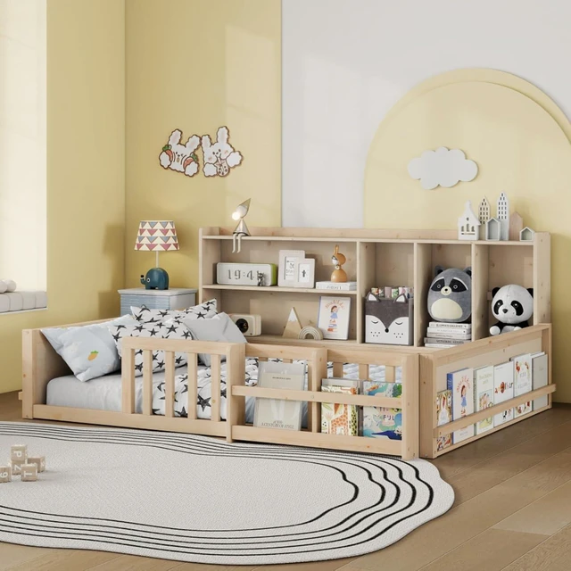 Alt view image 3 of 7 - Twin/Full Size Wooden Floor Bed with Guardrail Fence, Side Storage Shelves & Bookcase, Montessori Bed with Slat Support for Boys Girls Bedroom Guest Playroom, No Box Spring Needed (Full+Natural)