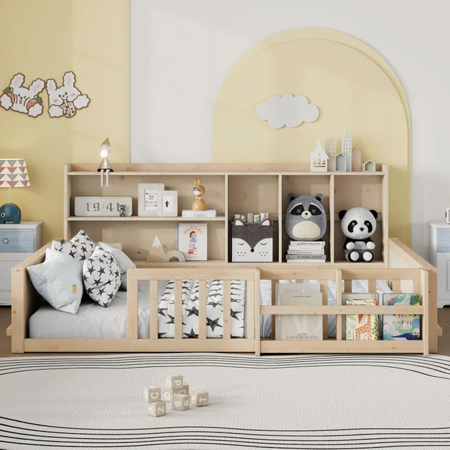 Alt view image 4 of 7 - Twin/Full Size Wooden Floor Bed with Guardrail Fence, Side Storage Shelves & Bookcase, Montessori Bed with Slat Support for Boys Girls Bedroom Guest Playroom, No Box Spring Needed (Full+Natural)