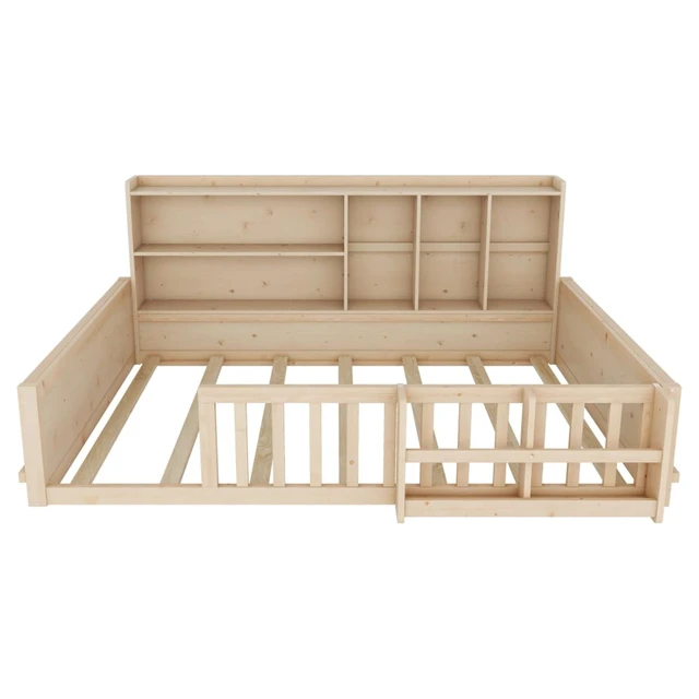 Alt view image 5 of 7 - Twin/Full Size Wooden Floor Bed with Guardrail Fence, Side Storage Shelves & Bookcase, Montessori Bed with Slat Support for Boys Girls Bedroom Guest Playroom, No Box Spring Needed (Full+Natural)