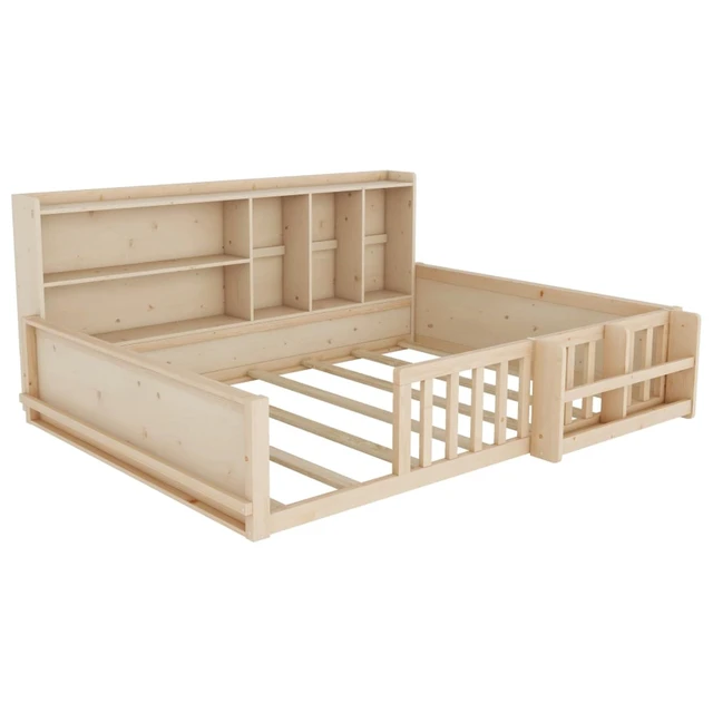 Alt view image 7 of 7 - Twin/Full Size Wooden Floor Bed with Guardrail Fence, Side Storage Shelves & Bookcase, Montessori Bed with Slat Support for Boys Girls Bedroom Guest Playroom, No Box Spring Needed (Full+Natural)