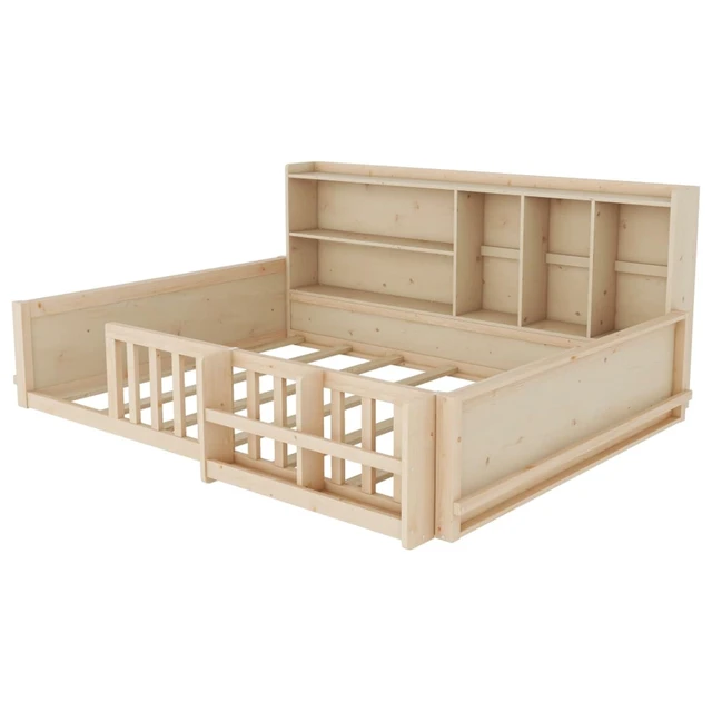 Alt view image 6 of 7 - Twin/Full Size Wooden Floor Bed with Guardrail Fence, Side Storage Shelves & Bookcase, Montessori Bed with Slat Support for Boys Girls Bedroom Guest Playroom, No Box Spring Needed (Full+Natural)