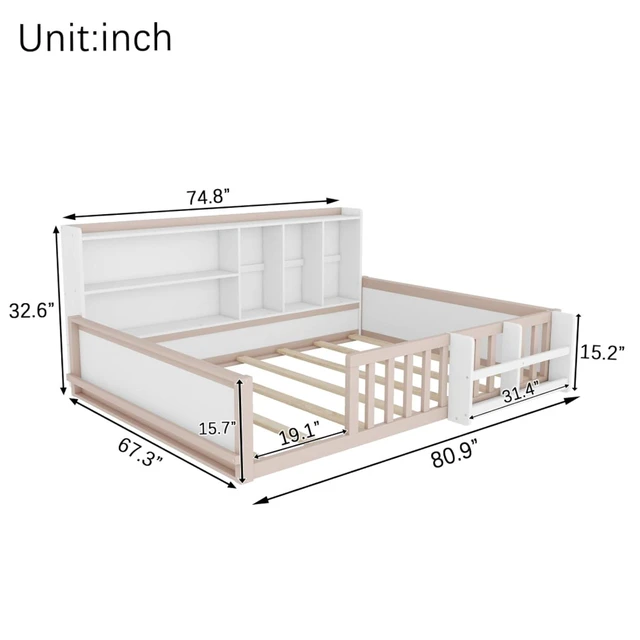 Alt view image 2 of 7 - Twin/Full Size Wooden Floor Bed with Guardrail Fence, Side Storage Shelves & Bookcase, Montessori Bed with Slat Support for Boys Girls Bedroom Guest Playroom, No Box Spring Needed (Full+Nude & White)