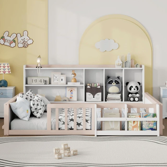 Alt view image 4 of 7 - Twin/Full Size Wooden Floor Bed with Guardrail Fence, Side Storage Shelves & Bookcase, Montessori Bed with Slat Support for Boys Girls Bedroom Guest Playroom, No Box Spring Needed (Full+Nude & White)