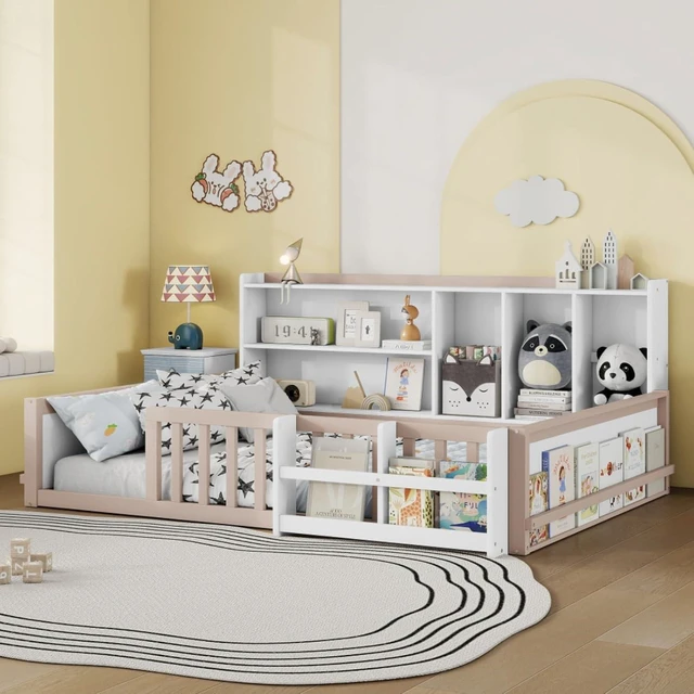 Alt view image 3 of 7 - Twin/Full Size Wooden Floor Bed with Guardrail Fence, Side Storage Shelves & Bookcase, Montessori Bed with Slat Support for Boys Girls Bedroom Guest Playroom, No Box Spring Needed (Full+Nude & White)