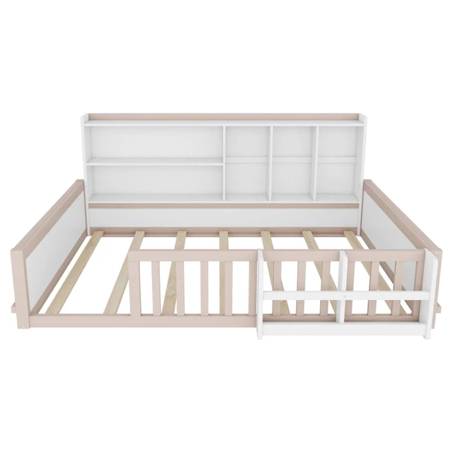 Alt view image 6 of 7 - Twin/Full Size Wooden Floor Bed with Guardrail Fence, Side Storage Shelves & Bookcase, Montessori Bed with Slat Support for Boys Girls Bedroom Guest Playroom, No Box Spring Needed (Full+Nude & White)