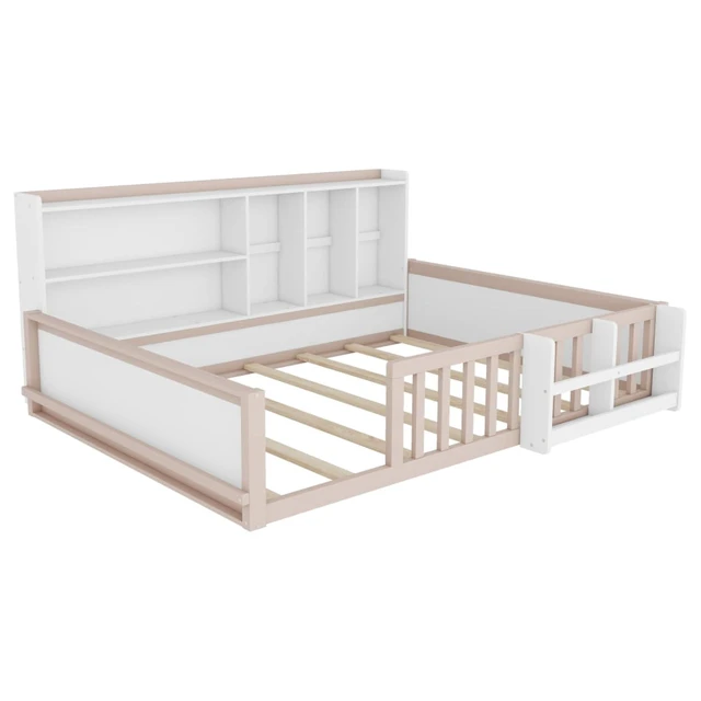 Alt view image 5 of 7 - Twin/Full Size Wooden Floor Bed with Guardrail Fence, Side Storage Shelves & Bookcase, Montessori Bed with Slat Support for Boys Girls Bedroom Guest Playroom, No Box Spring Needed (Full+Nude & White)