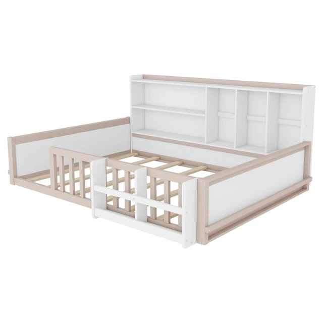 Alt view image 7 of 7 - Twin/Full Size Wooden Floor Bed with Guardrail Fence, Side Storage Shelves & Bookcase, Montessori Bed with Slat Support for Boys Girls Bedroom Guest Playroom, No Box Spring Needed (Full+Nude & White)