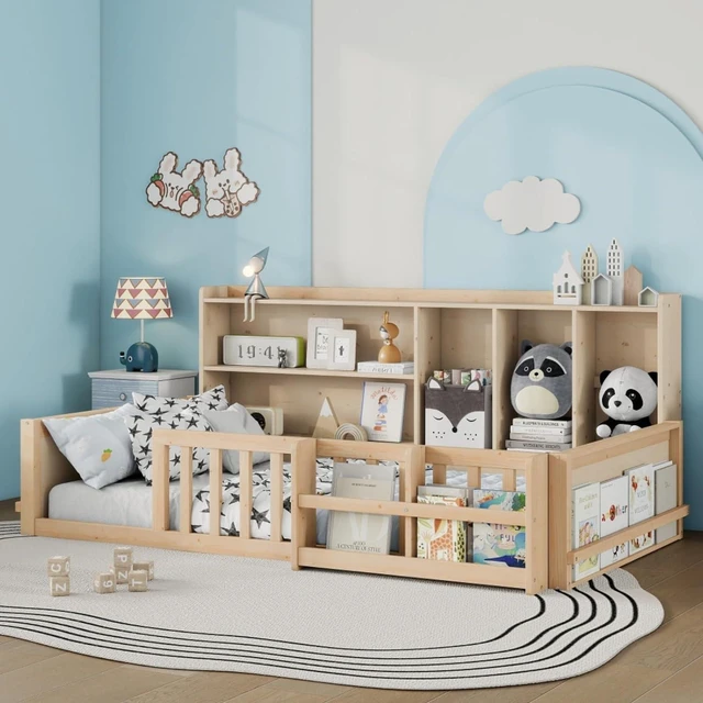 Alt view image 3 of 7 - Twin/Full Size Wooden Floor Bed with Guardrail Fence, Side Storage Shelves & Bookcase, Montessori Bed with Slat Support for Boys Girls Bedroom Guest Playroom, No Box Spring Needed (Twin+Natural)