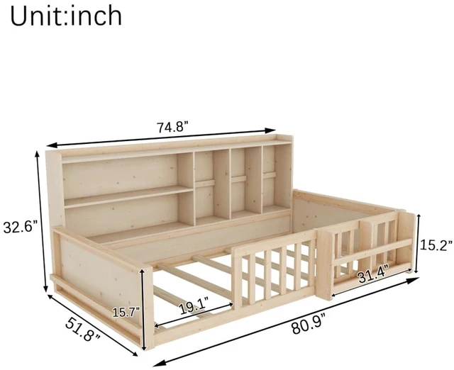 Alt view image 2 of 7 - Twin/Full Size Wooden Floor Bed with Guardrail Fence, Side Storage Shelves & Bookcase, Montessori Bed with Slat Support for Boys Girls Bedroom Guest Playroom, No Box Spring Needed (Twin+Natural)