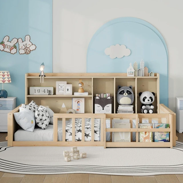 Alt view image 4 of 7 - Twin/Full Size Wooden Floor Bed with Guardrail Fence, Side Storage Shelves & Bookcase, Montessori Bed with Slat Support for Boys Girls Bedroom Guest Playroom, No Box Spring Needed (Twin+Natural)
