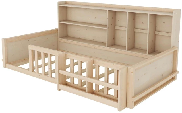 Alt view image 5 of 7 - Twin/Full Size Wooden Floor Bed with Guardrail Fence, Side Storage Shelves & Bookcase, Montessori Bed with Slat Support for Boys Girls Bedroom Guest Playroom, No Box Spring Needed (Twin+Natural)