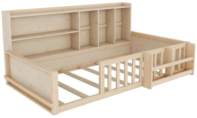 Alt view image 6 of 7 - Twin/Full Size Wooden Floor Bed with Guardrail Fence, Side Storage Shelves & Bookcase, Montessori Bed with Slat Support for Boys Girls Bedroom Guest Playroom, No Box Spring Needed (Twin+Natural)